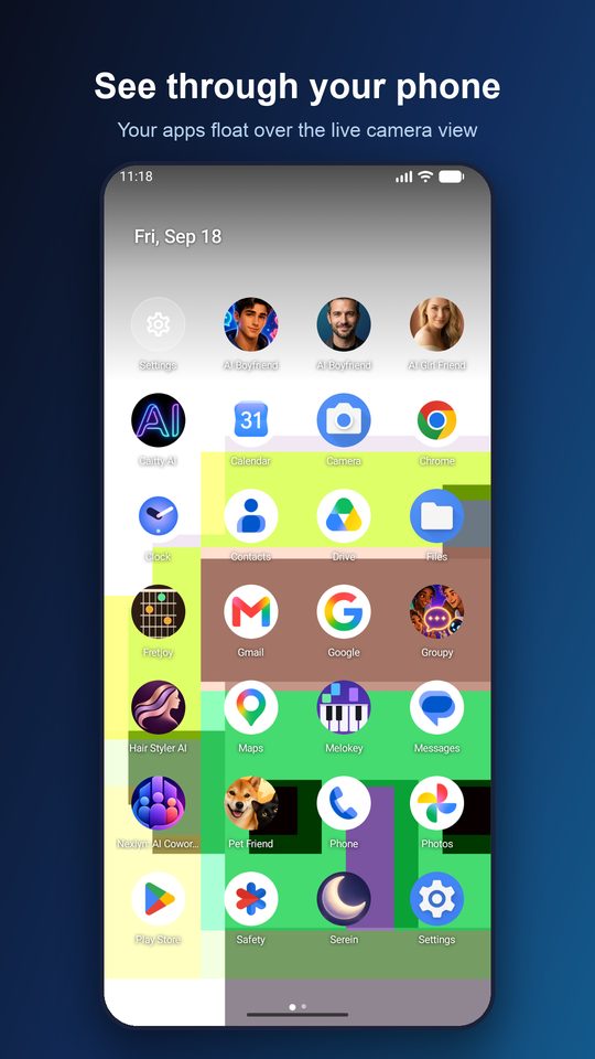 Lucent home screen with the live camera behind the app icons