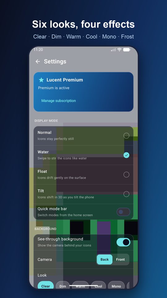 Settings with display modes and looks